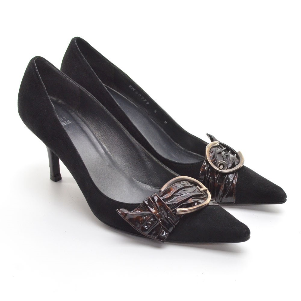 Stuart Weitzman Large Buckle Black Suede Pumps 8 M